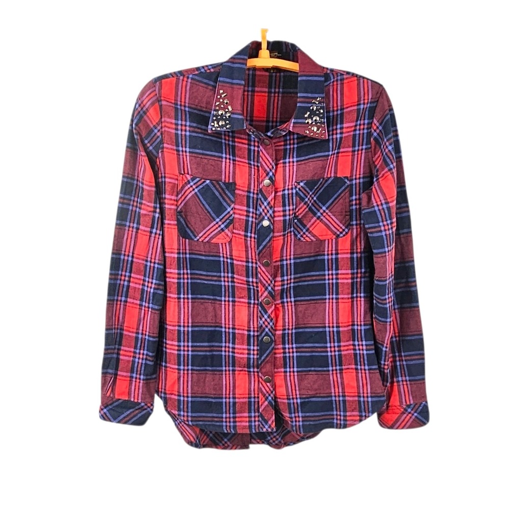 Bit & Bridle Embellished‎ Studded Plaid Flannel Medium Snap Up Shirt